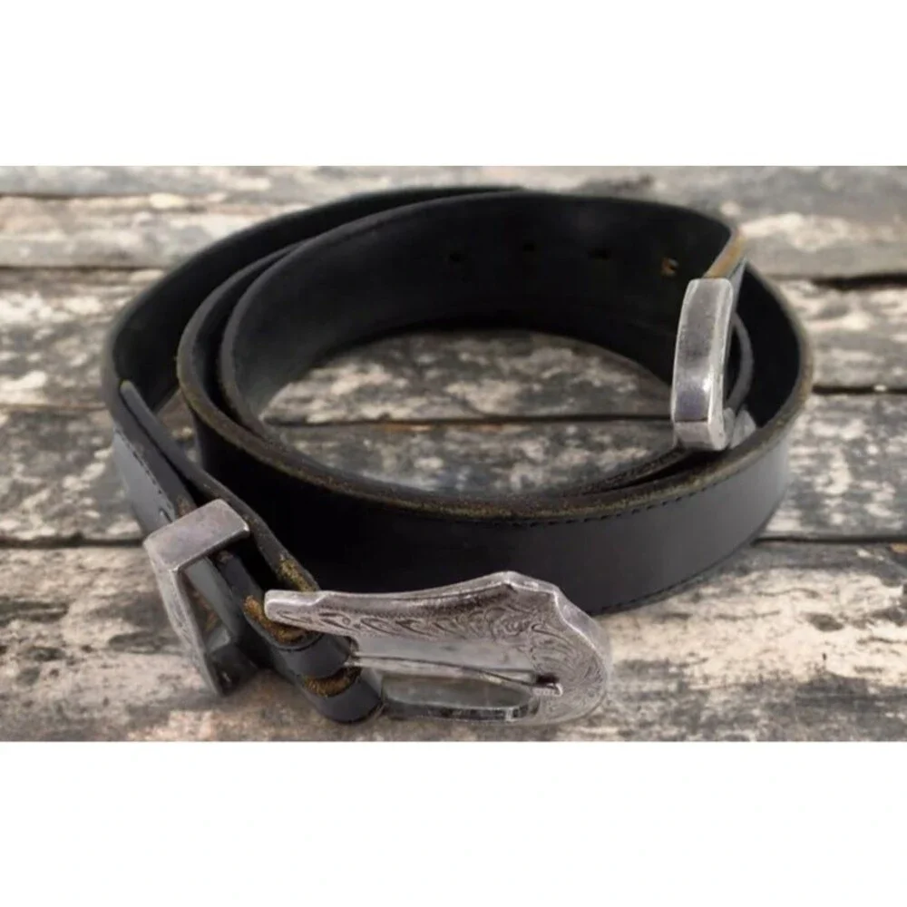 Genuine Black Leather Belt Silver Buckle Casual Men's Size 40 Solid 1